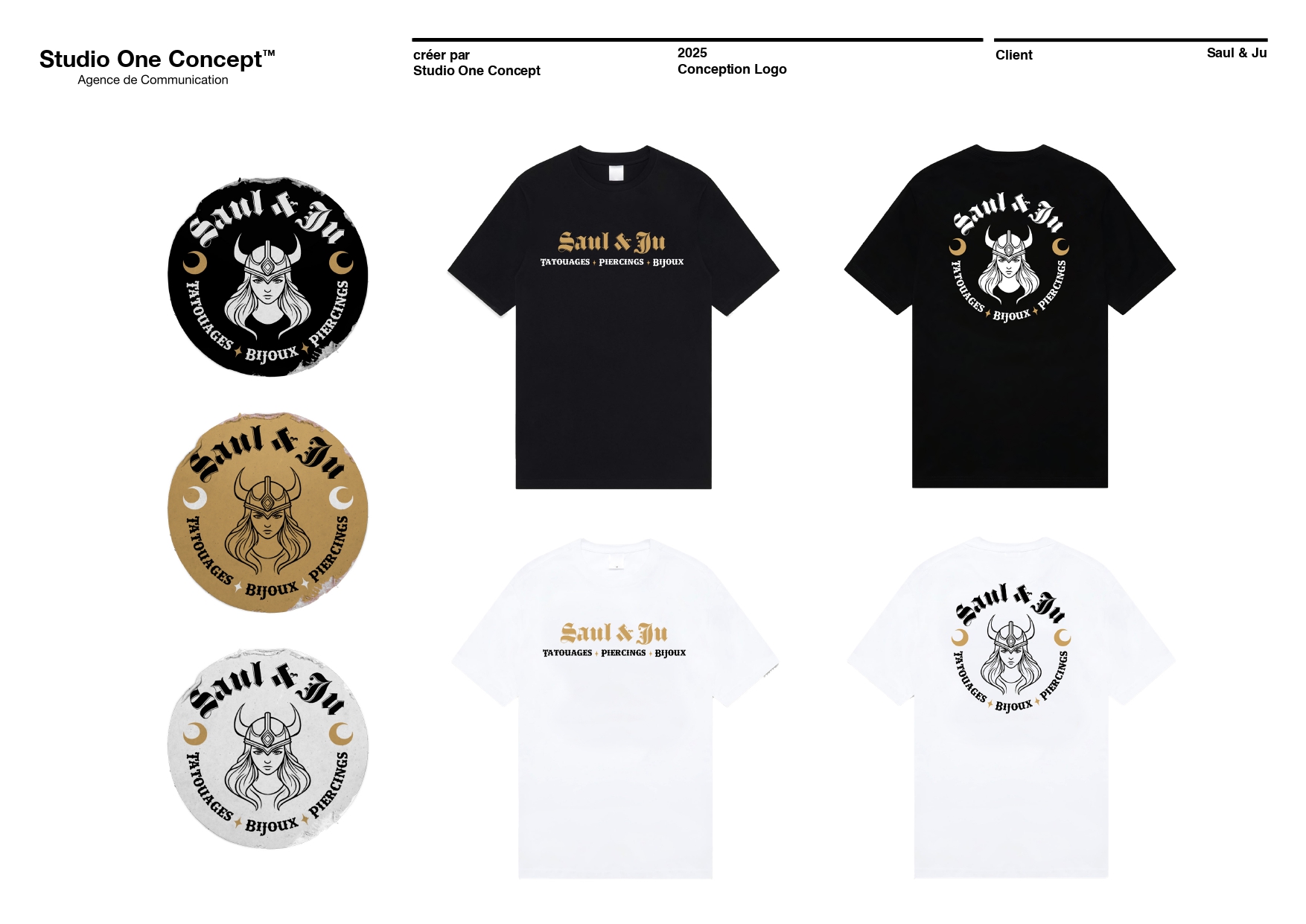 Exemples d'utilisation du logo Saul & Ju sur cartes de visite, stickers et affiches