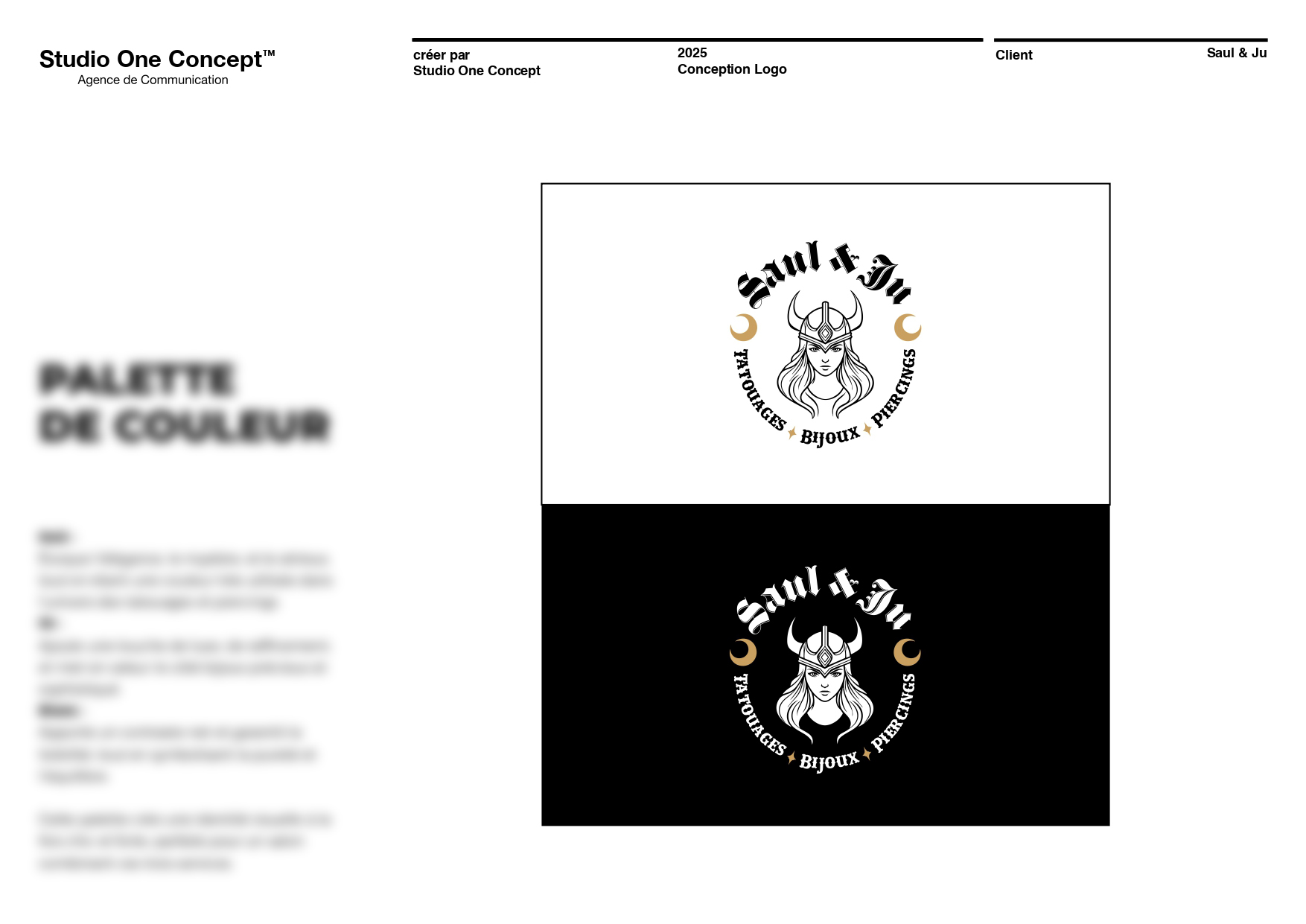 Palette de couleurs du logo Saul & Ju : noir, or et blanc – élégance et raffinement