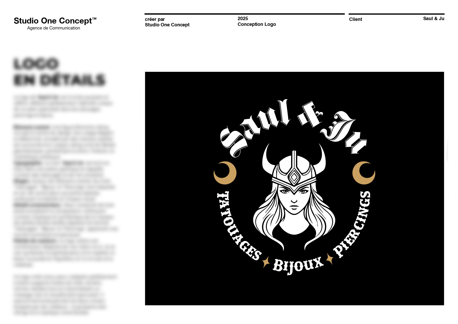 Détails du logo Saul & Ju : croissants de lune dorés, étoiles, casque et lettrage gothique